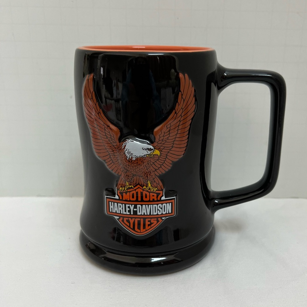 Harley Davidson Mug Coffee Cup Black Orange Raised 3-D Eagle Official Logo